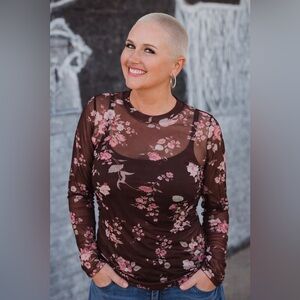 Maurices Brown Floral Long Sleeve Top with Pink & Cream Flowers